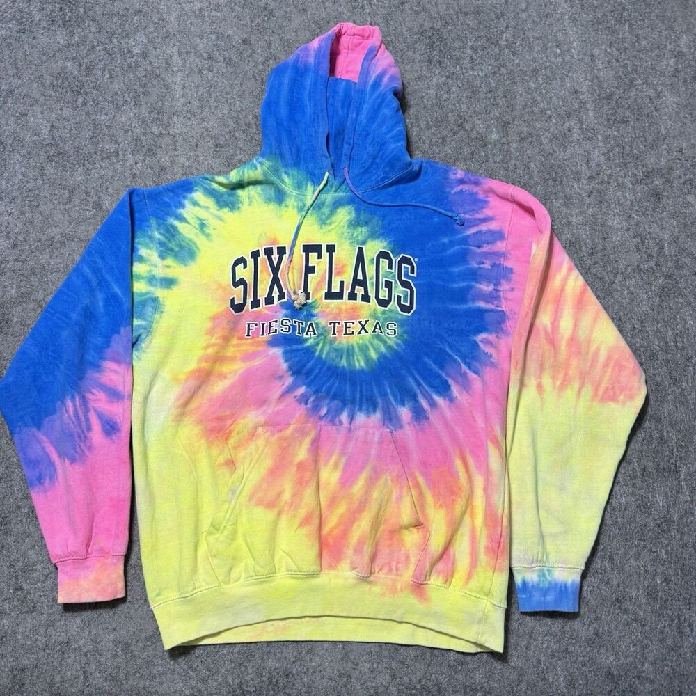 Six Flags Fiesta Texas Tie Dye Hoodie Sweatshirt Exist Mens XL Colorful Spiral